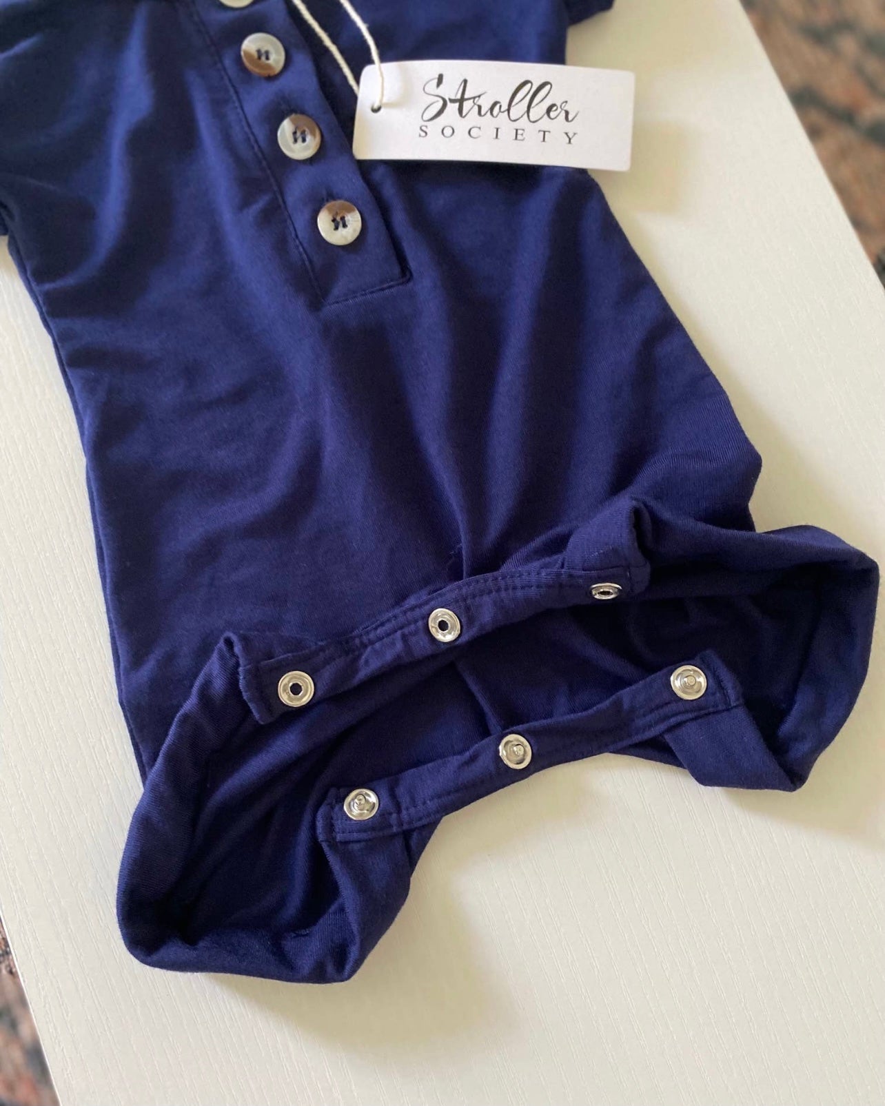 Navy Stroller Society Baby Romper